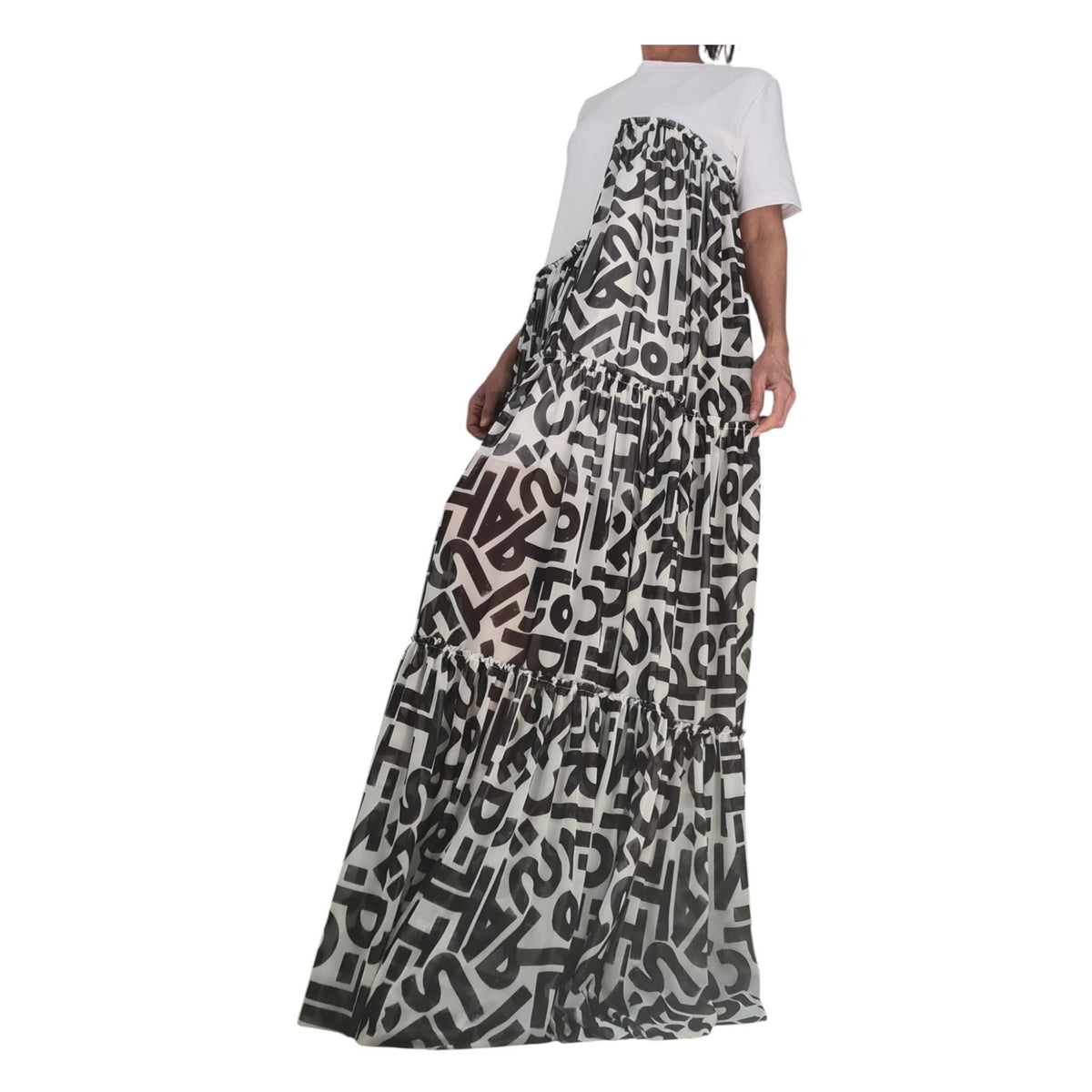 Black White Graphic Maxi Dress, Artistic Tiered T-Shirt, Handmade Summer Clothing