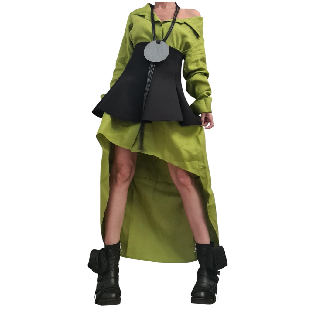Pistachio Linen Shirt Dress with Neoprene Corset, High Low Hem, Asymmetric Handmade Tunic Dress