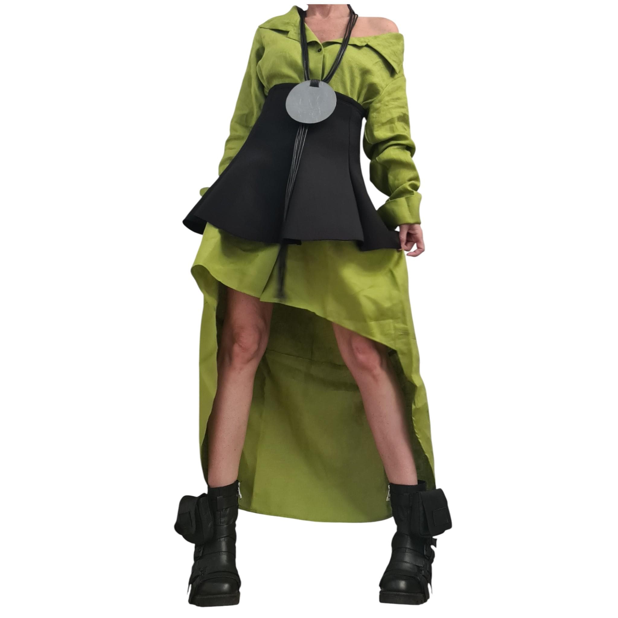 Pistachio Linen Shirt Dress with Neoprene Corset, High Low Hem, Asymmetric Handmade Tunic Dress