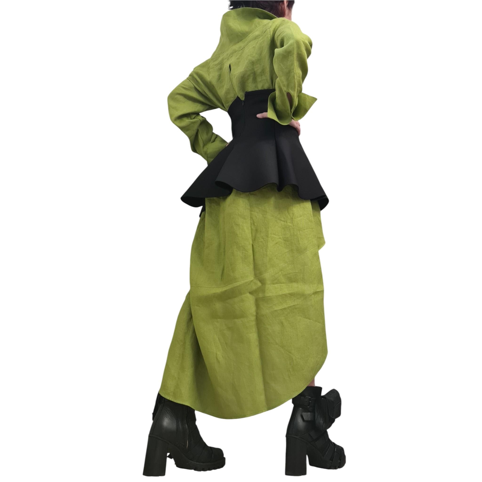 Pistachio Linen Shirt Dress with Neoprene Corset, High Low Hem, Asymmetric Handmade Tunic Dress