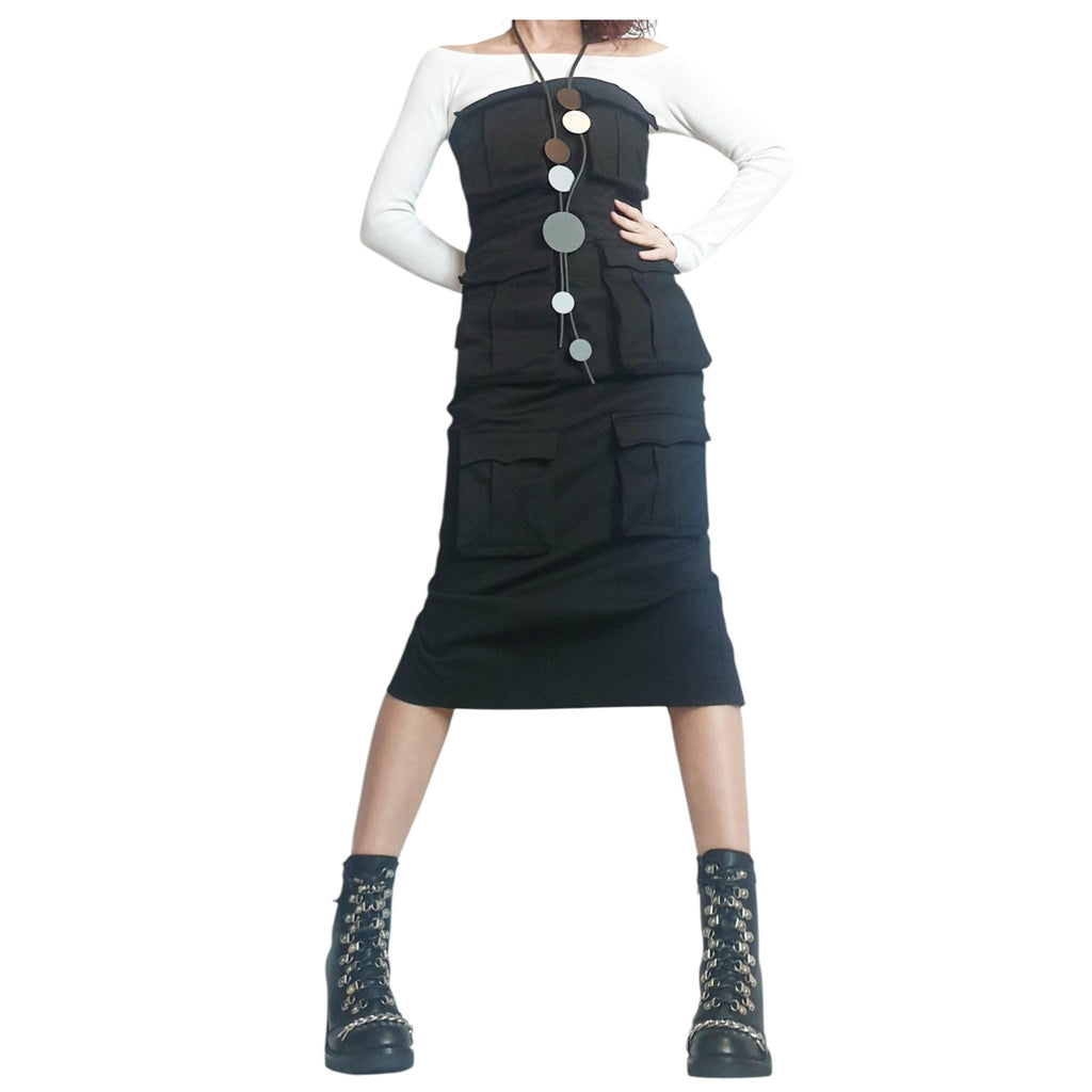 Black Denim Pocket Dress, Gothic Asymmetric Cocktail Fit, Extravagant Design