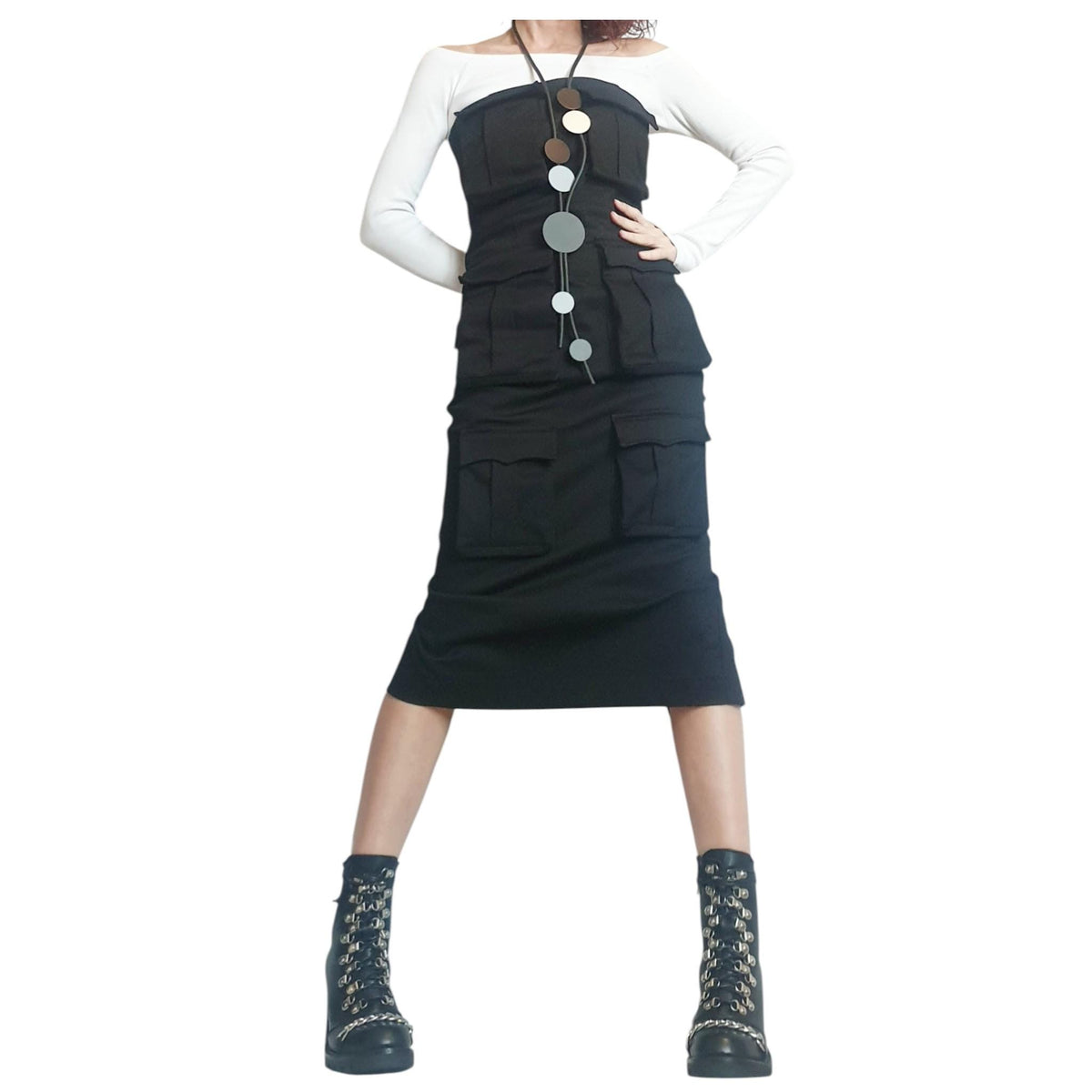 Black Denim Pocket Dress, Gothic Asymmetric Cocktail Fit, Extravagant Design