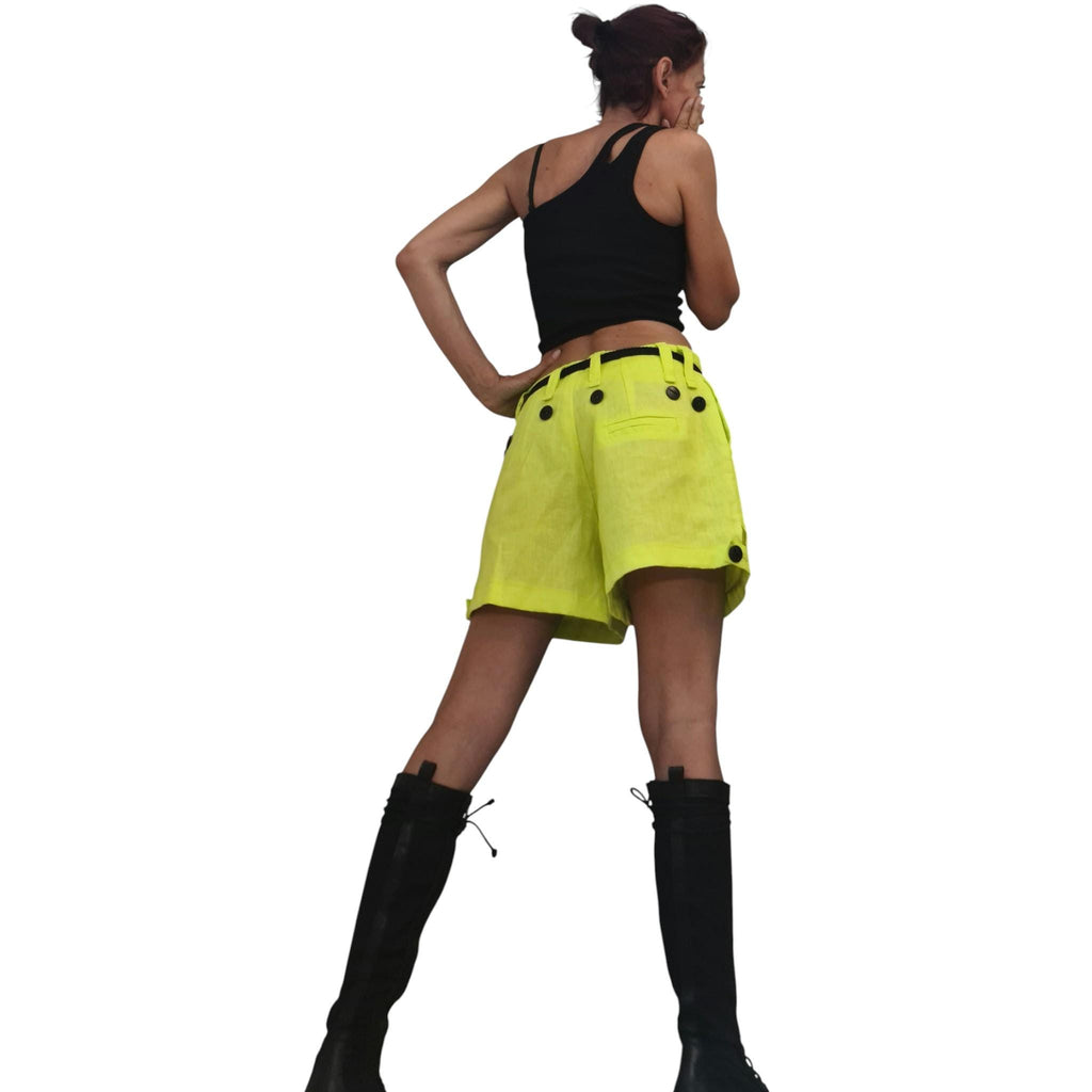 Lime Linen Avant Garde Shorts for Women, Wide Leg Summer Urban Pants