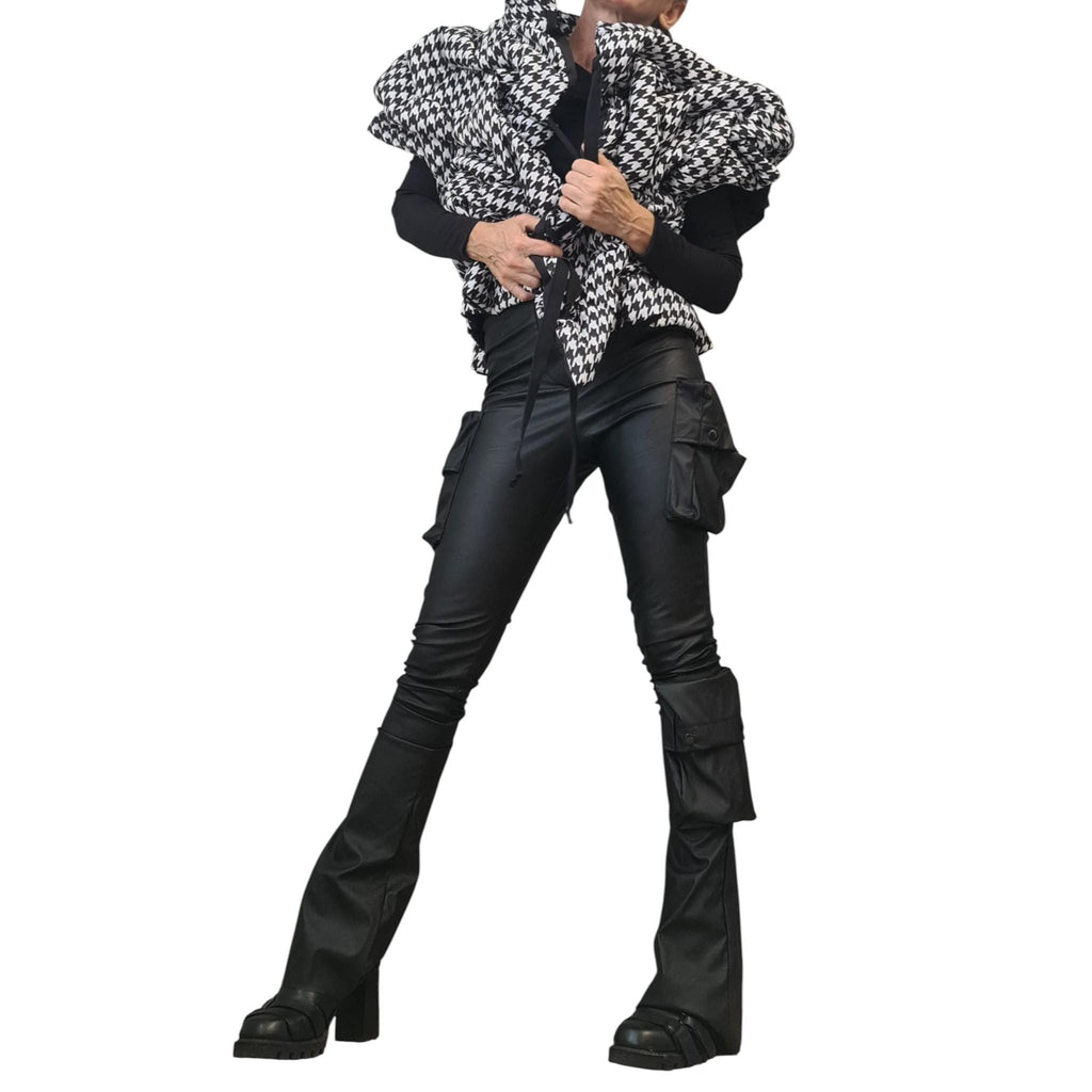 Black White Houndstooth Puffer Vest, Oversized Asymmetric Gilet, Quilted Sleeveless Winter Jacket