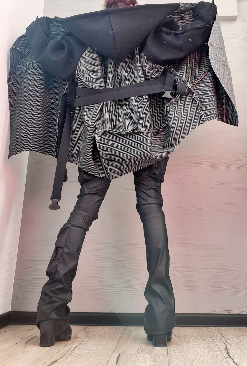 Grey and Black Asymmetrical Hooded Poncho, Herringbone Wool Cape, Long Sleeves, Plus Size