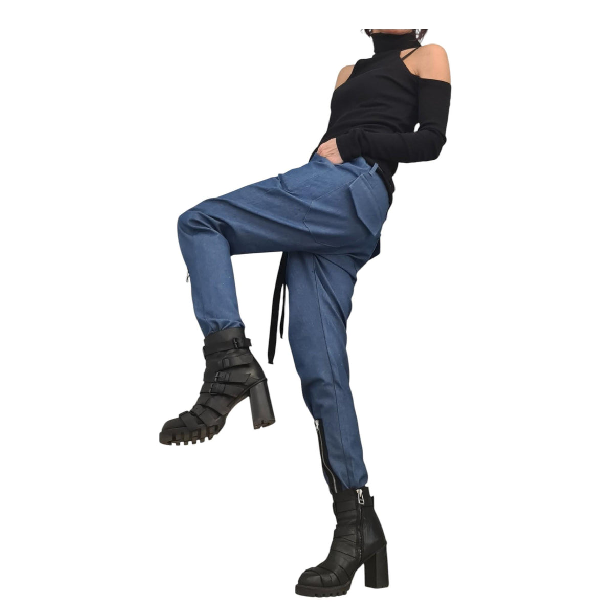 Denim Harem Pants, Loose and Fit Trousers whit Zipper Detail, Plus Size Bottom