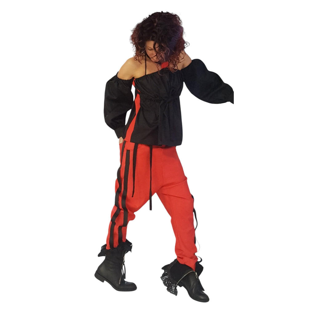 Red Cotton Co-Ord Set, Drop Crotch Pants, Black Cold Shoulder Batwing Blouse