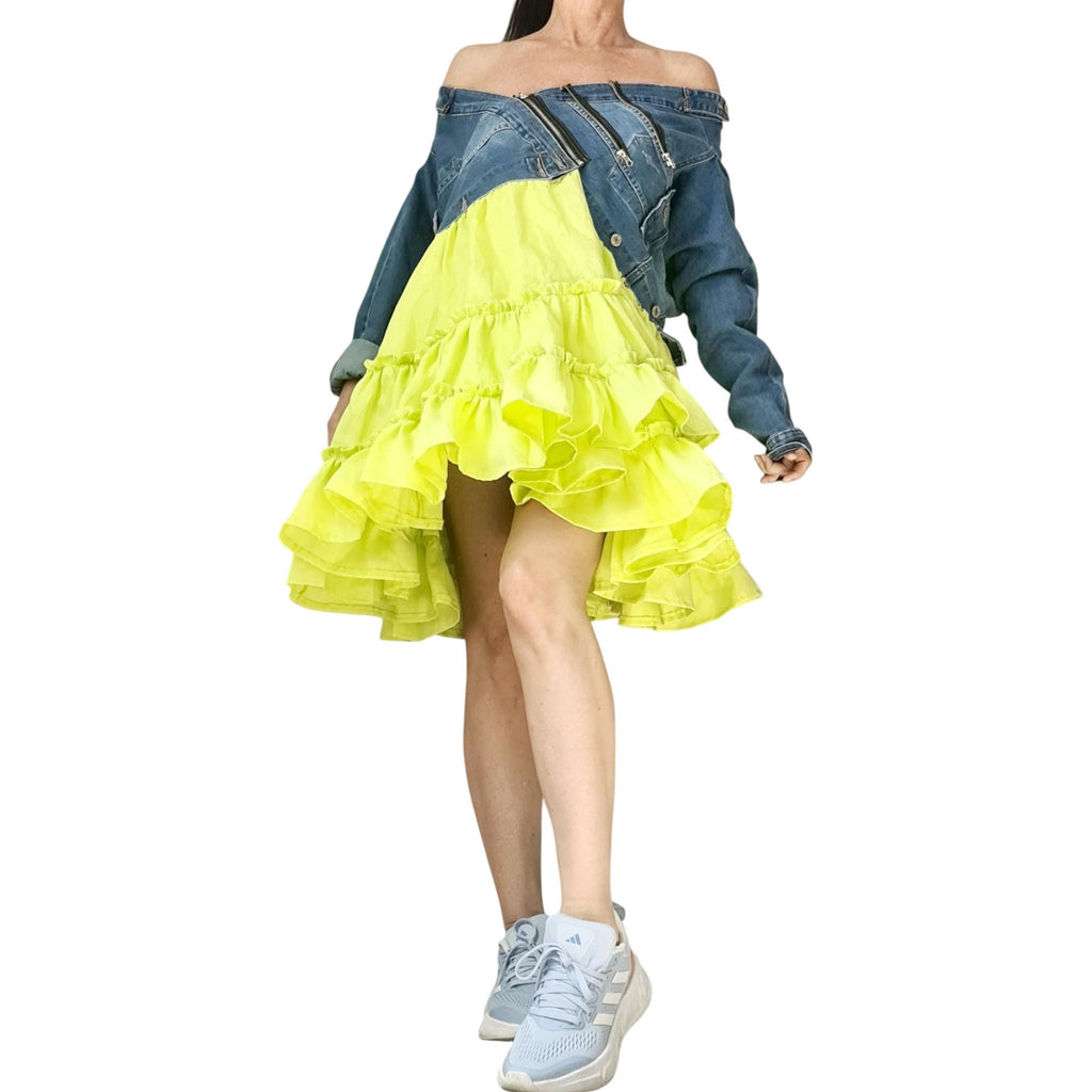 Off Shoulder Denim and Linen Dress for Women, Lime Ruffle Skirt, Asymmetric Oversize Clothing