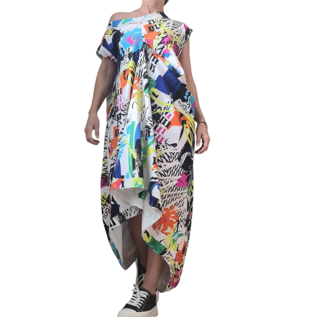 One Shoulder Graffiti Dress: Oversized Cotton with Pockets