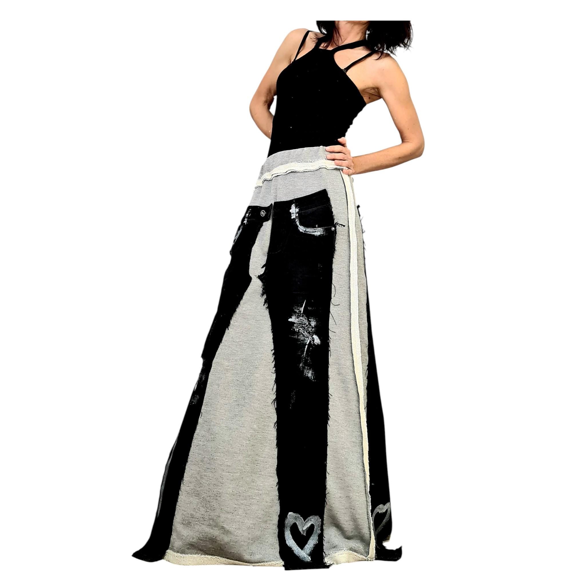 Deconstructed Avant Garde Denim Skirt, Outside Seam, Plus Size French Terry Skirt