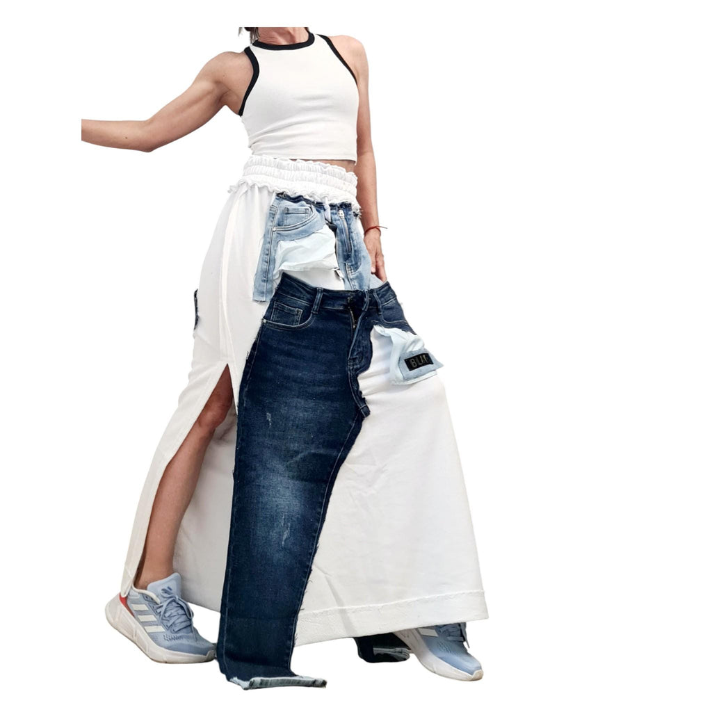 White Maxi Skirt, Cotton with Denim Details, Asymmetric Design with External Seams