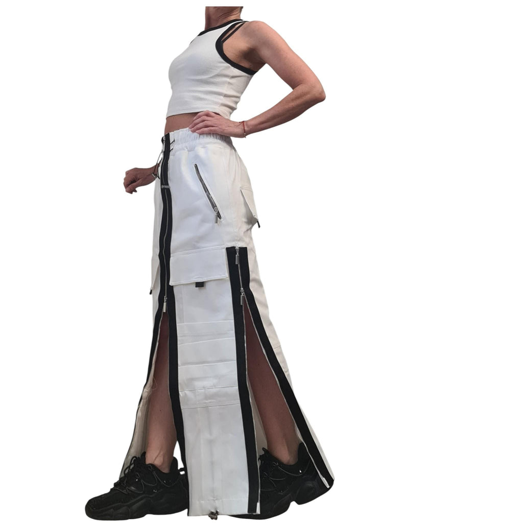 White Denim Maxi Skirt, Black Zipper Details, Cargo Pocket Skirt Avant Garde Clothing