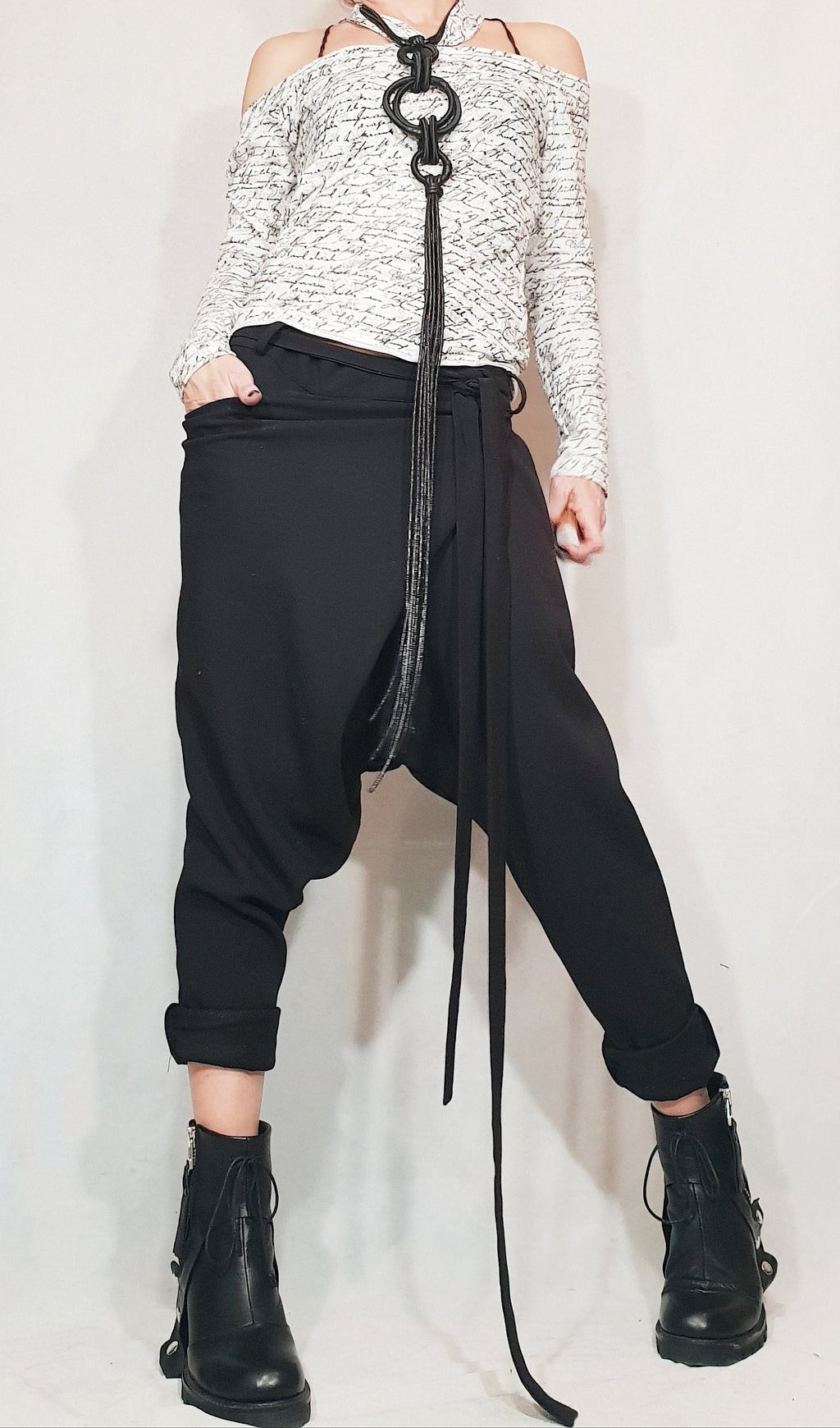 Black Harem Pants, Wrap Front, Tapered Leg, Drop Crotch