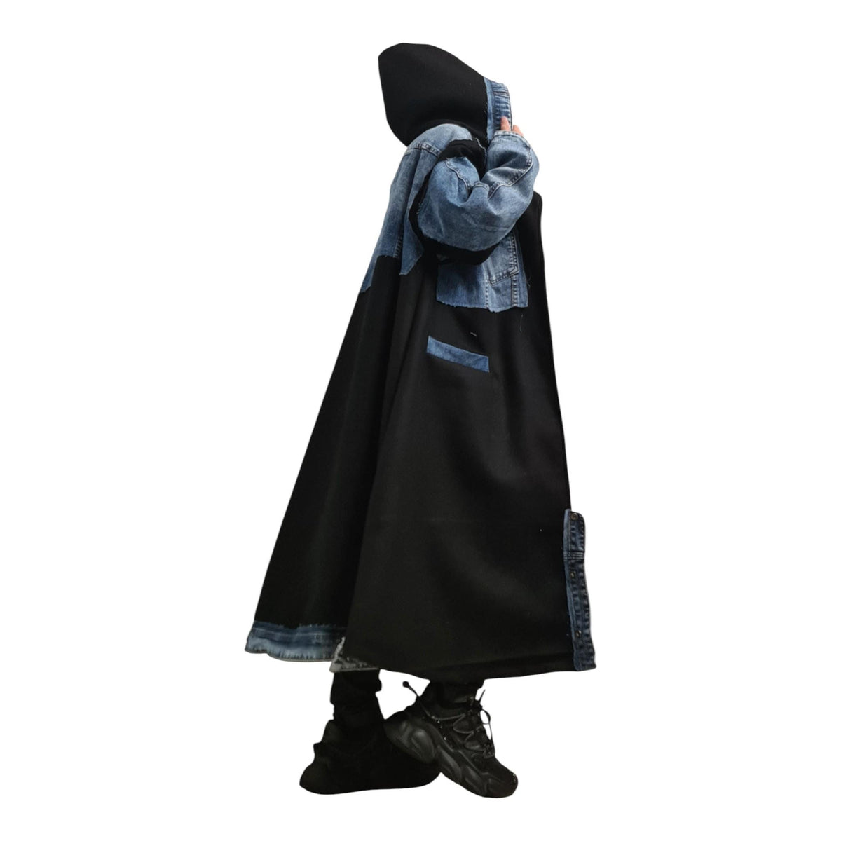 Avant Garde Denim & Wool Coat, Handmade Oversized Hooded Trench, Oversized Jacket