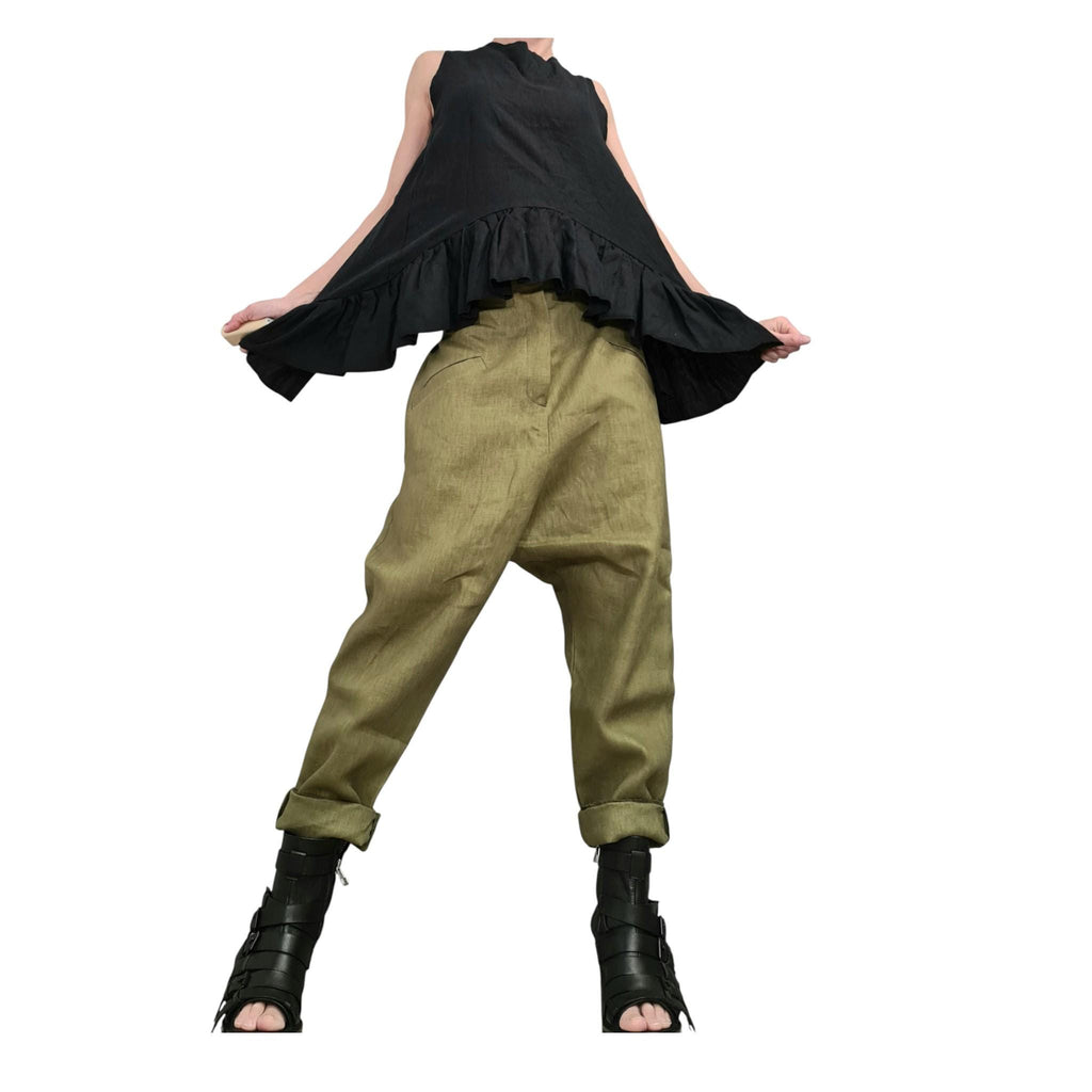 Military Green Linen Harem Pants, Wide Drop Crotch Trousers, Loose Summer Pants