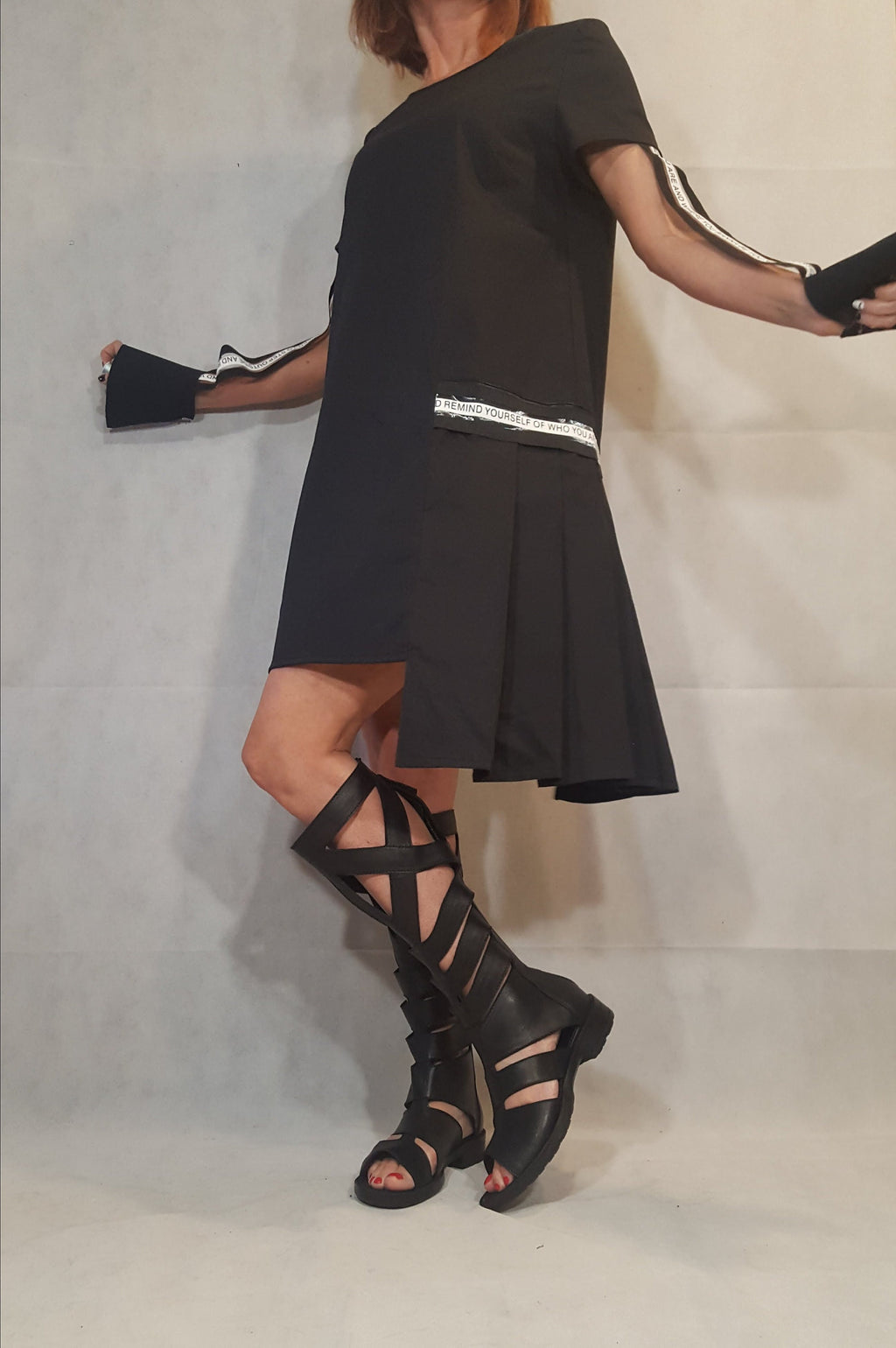 Black Asymmetric Dress, Gothic Tunic, Short Long Sleeve, Avant Garde Dress for Women