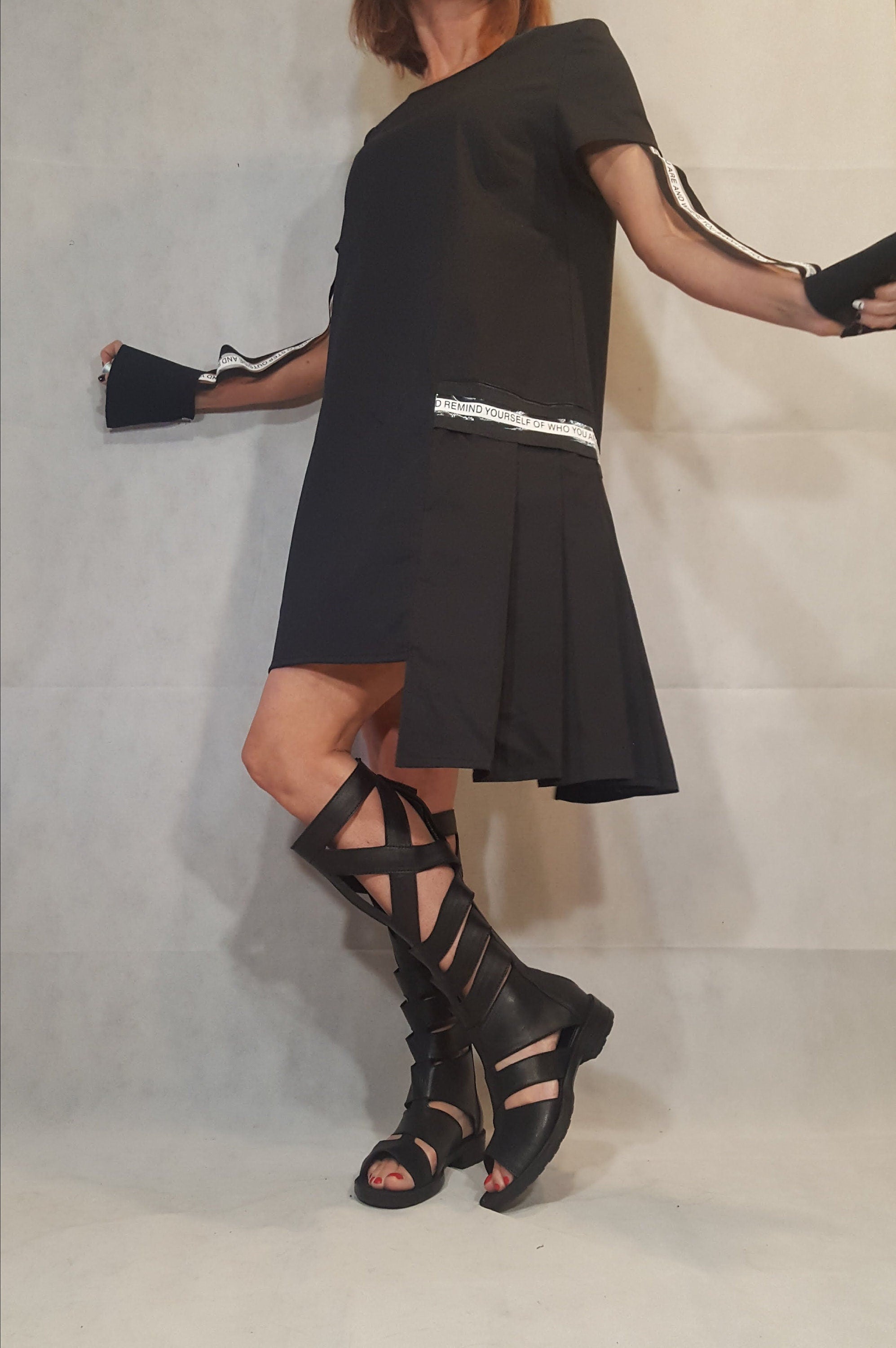 Black Asymmetric Dress, Gothic Tunic, Short Long Sleeve, Avant Garde Dress for Women