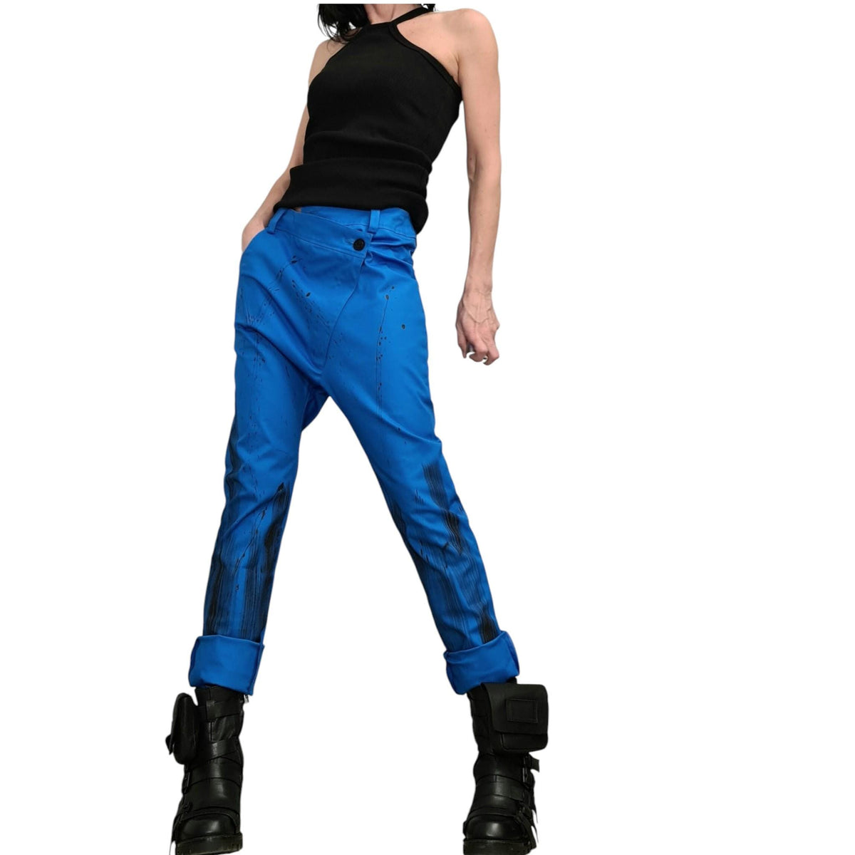 Blue Drop Crotch Pants, Asymmetric Closure, Tapered Leg, Paint Splatter