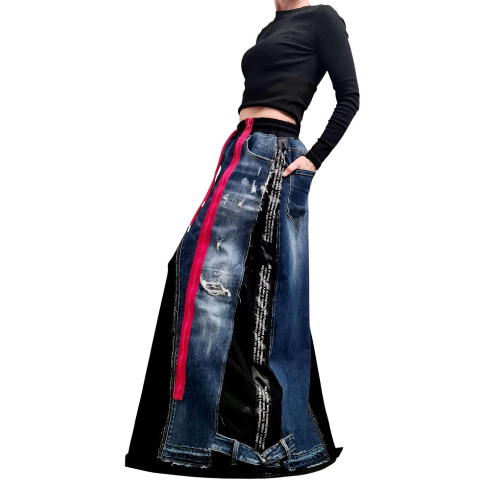 Handmade Asymmetric Denim Maxi Skirt, Avant Garde Patchwork