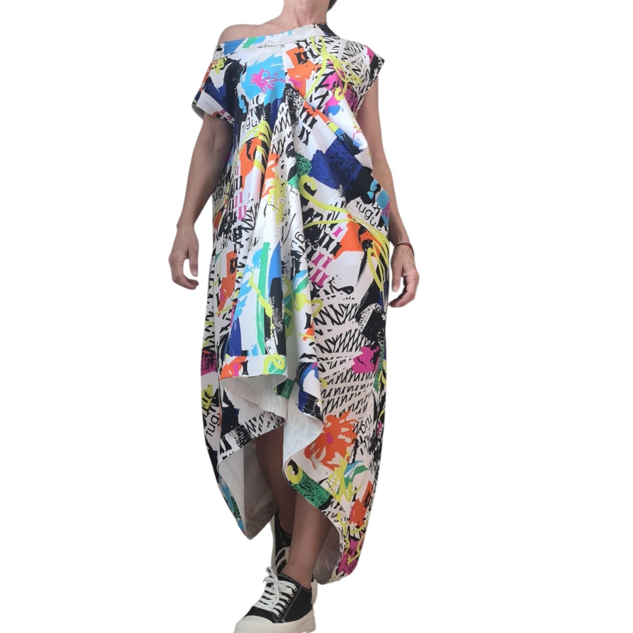 Avant Garde Graffiti Dress Women Asymmetric One Shoulder Oversized Pocket Cotton Dress