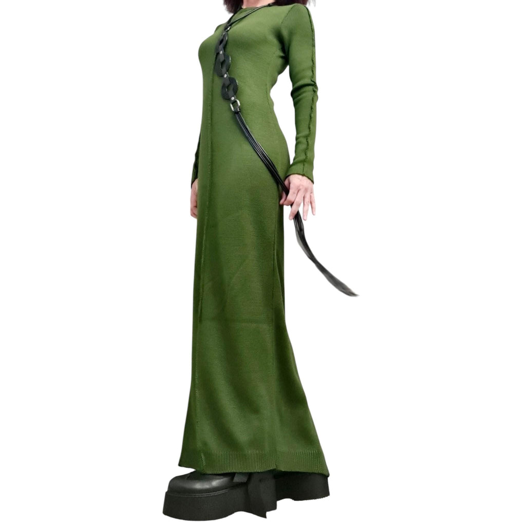 Military Green Asymmetric Maxi Knit Dress, Long Sleeves, Plus Size Sweater