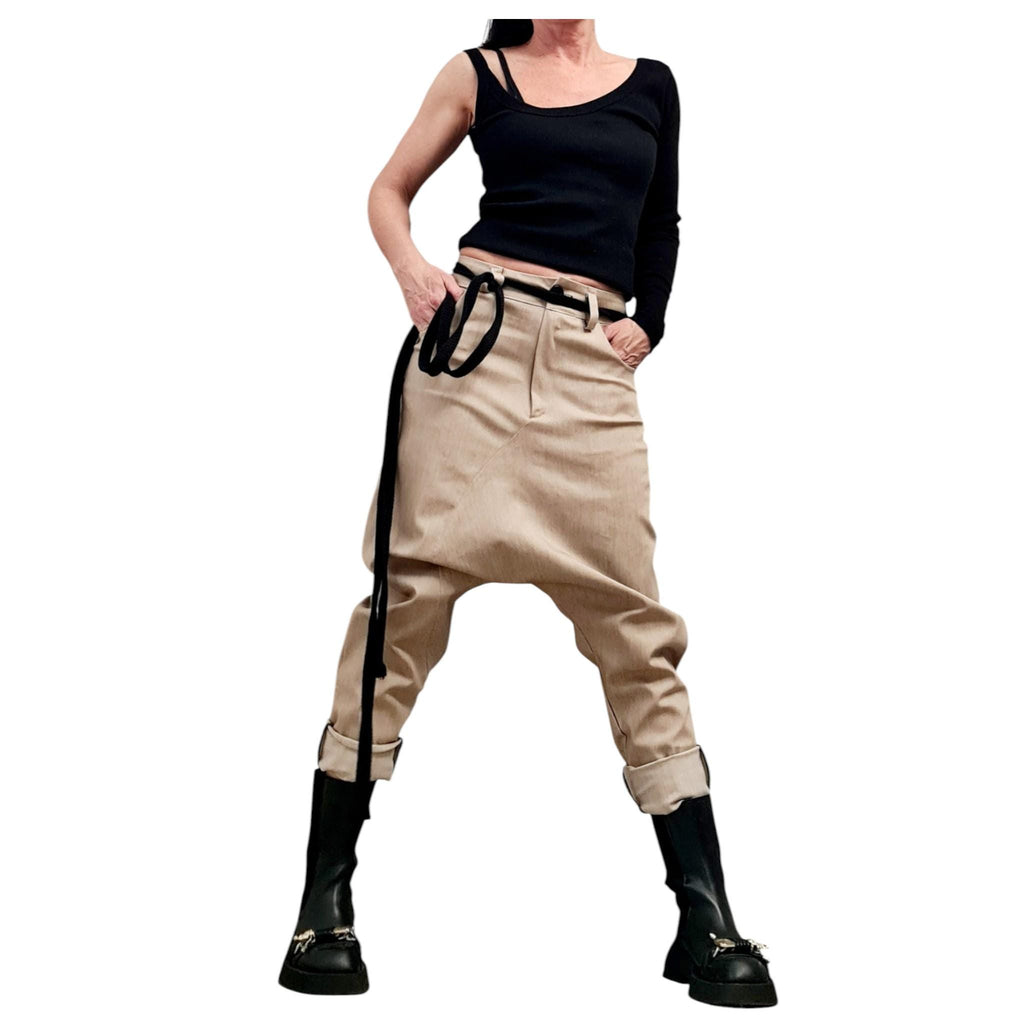 Beige Denim Harem Pants, Loose Drop Crotch Pants, Oversized Baggy Jeans, Plus Size Trousers