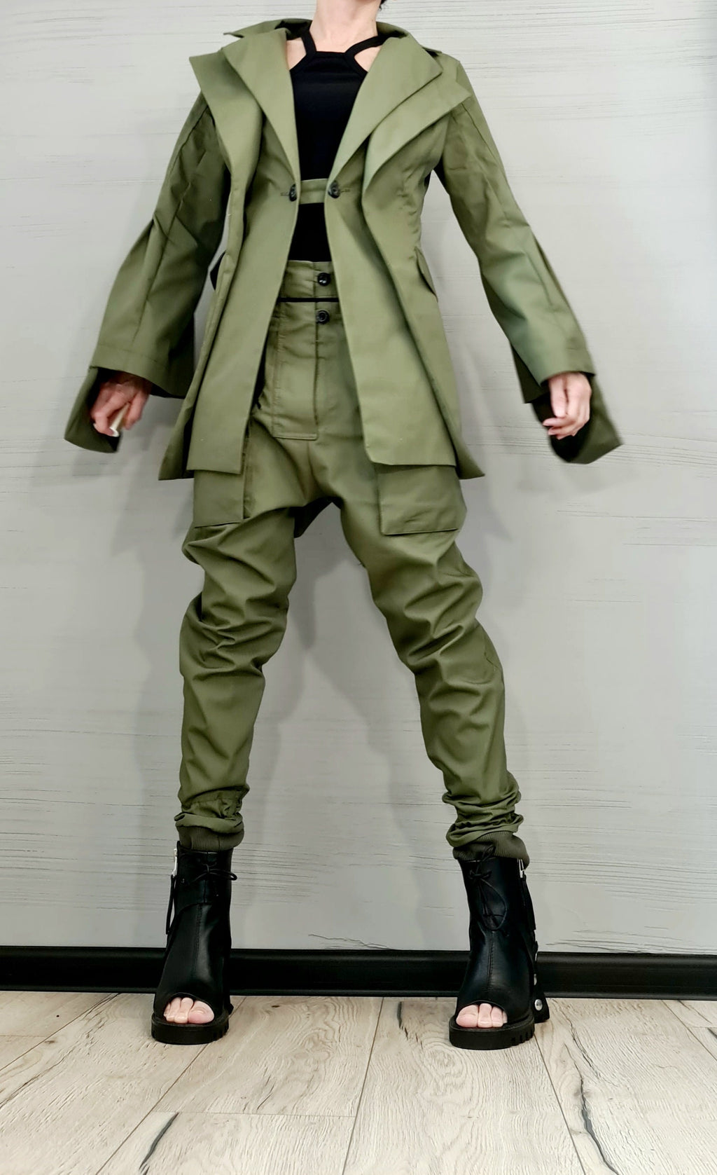 Purple Cotton Cargo Pants, Asymmetrical Deconstructed Tailored Blazer, Bell Sleeves, Two-Piece Co-Ord Set