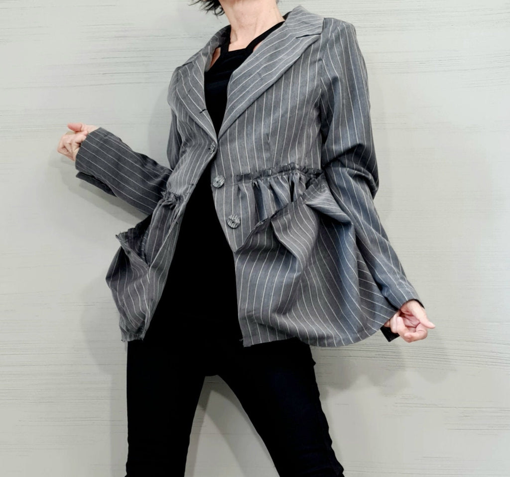 Gray Pinstripe Blazer, Oversized Asymmetric Cut Jacket, Plus Size with Large Gathered Pockets