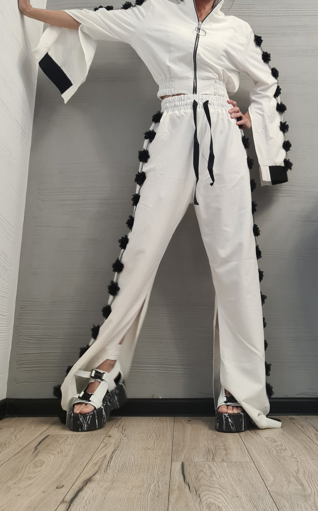 White Cotton Co-Ord Set, Floral Appliqué, Wide Leg Pants, Asymmetrical Sweatshirt