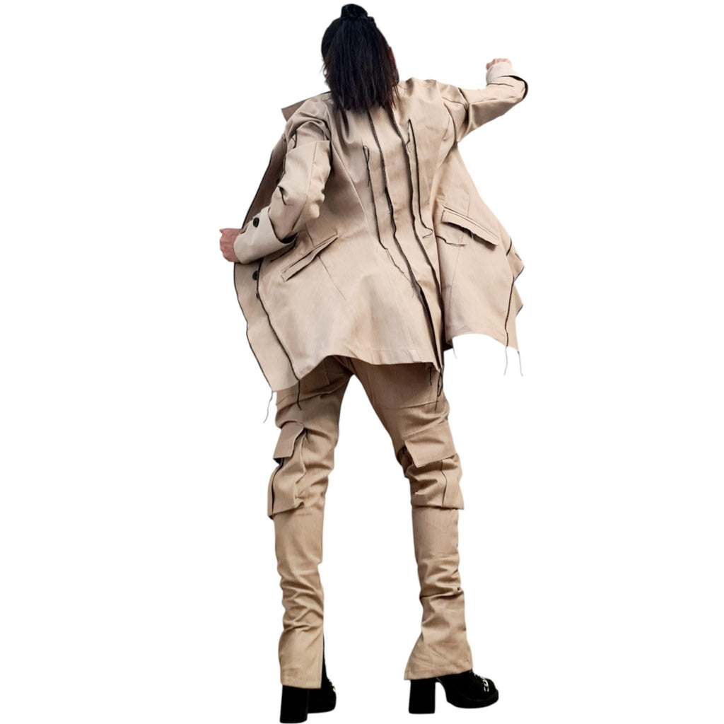 Extravagant Denim Women Costume, Asymmetric Avant Garde Blazer, Cargo Pants