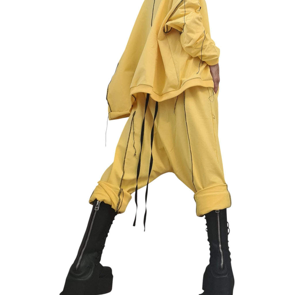 Yellow Cotton Two-Piece Set, Asymmetric Blouse, Harem pants, Contrasting seams