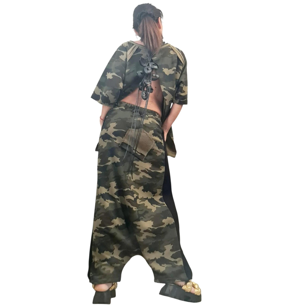 Camouflage Cotton Harem Pants, Open Back Lace-Up Blouse Set