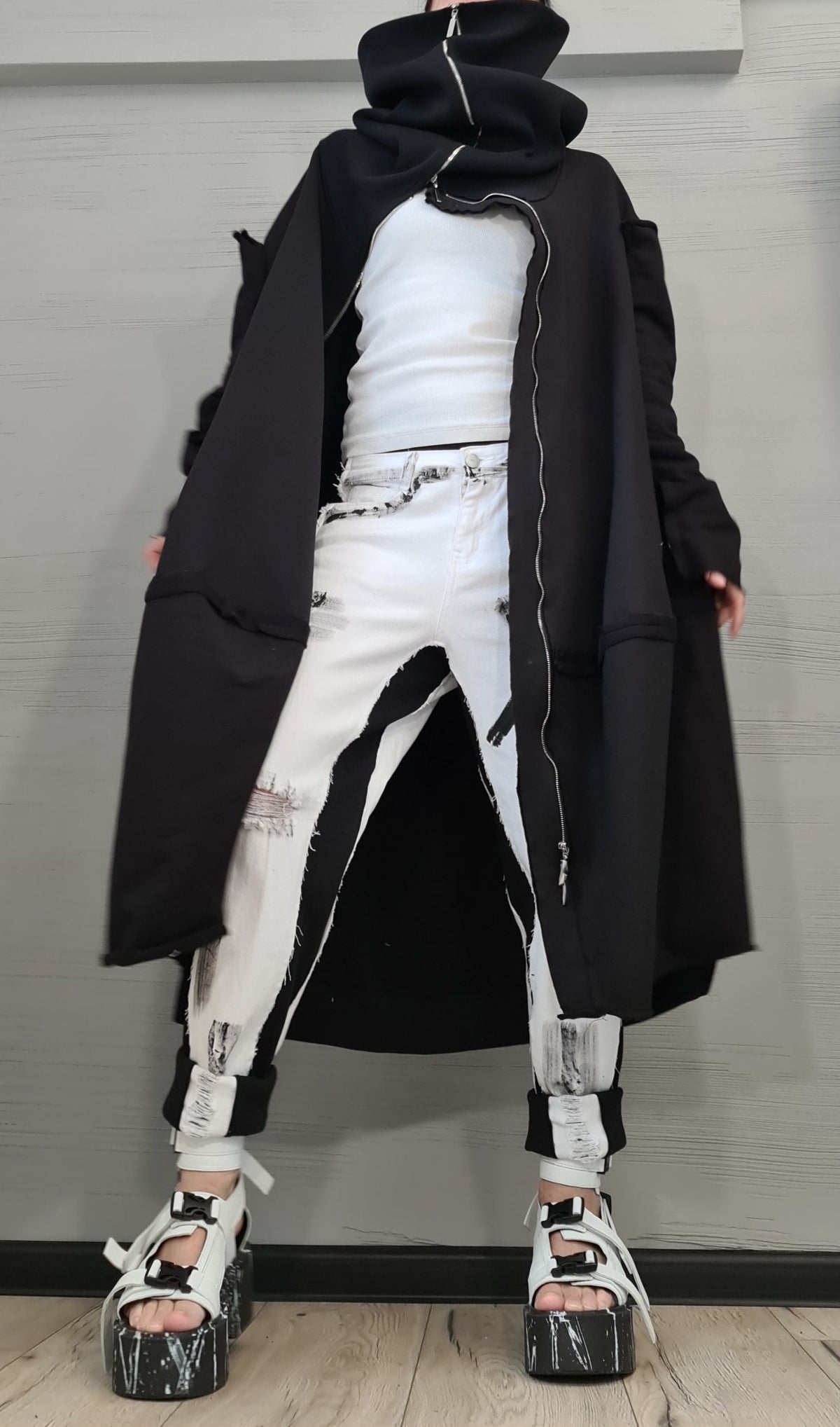 Black Cotton Maxi Sweatshirt, Oversized Jacket with Asymmetrical Zip, High Collar, Plus Size