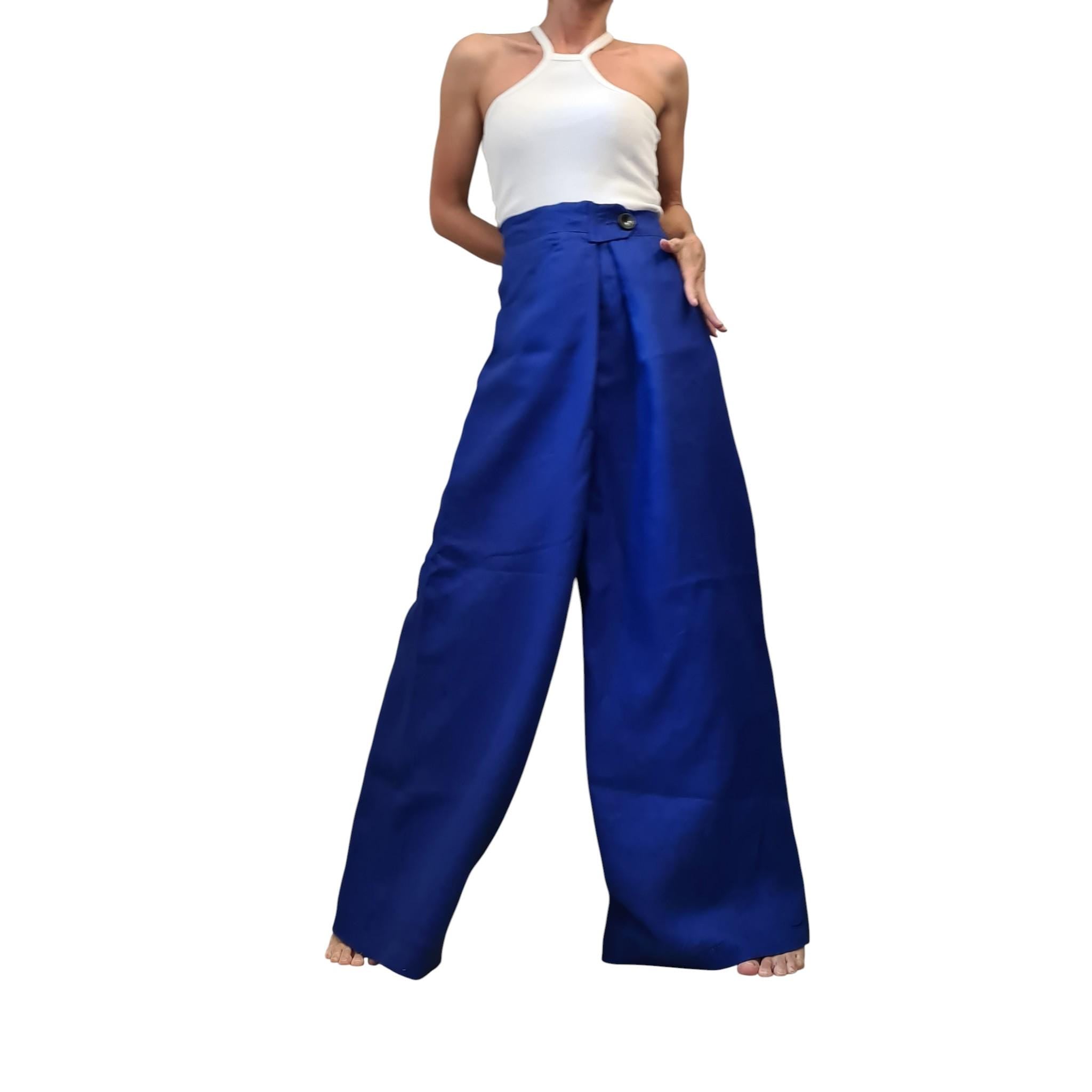 Royal Blue Linen Pants, Drop Crotch Harem Trousers, Wide Leg Avant Garde Clothing