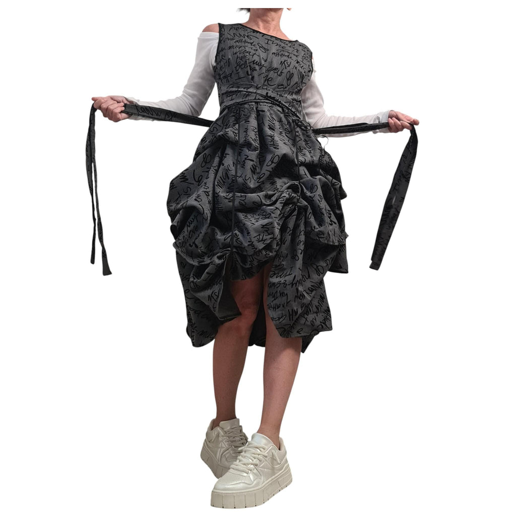 Avant Garde Grey Dress for Women Sleeveless Balloon Silhouette Text Print Belted Knee Length