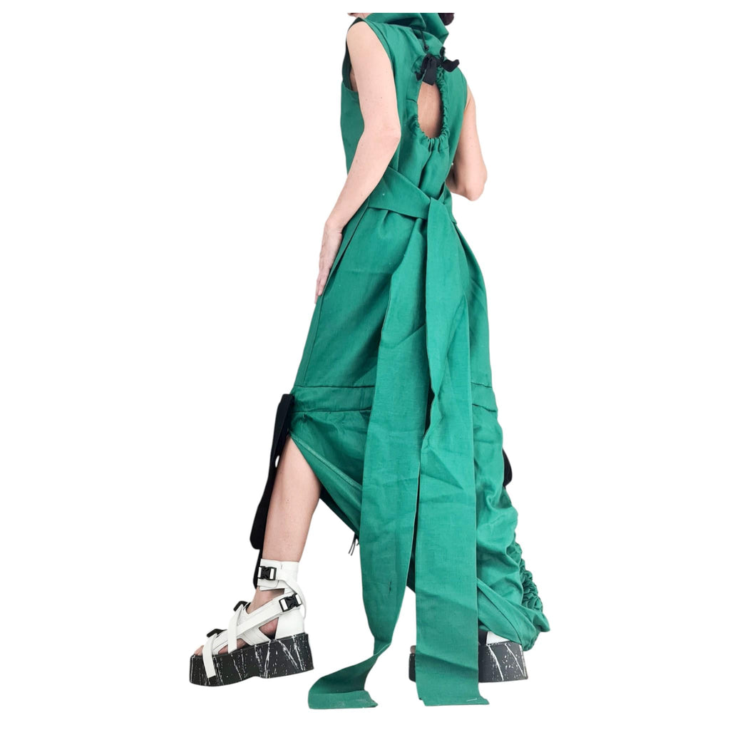 Green Linen Maxi Dress, Open Back Sleeveless Summer Kaftan, Asymmetric Cut, Plus Size Dress