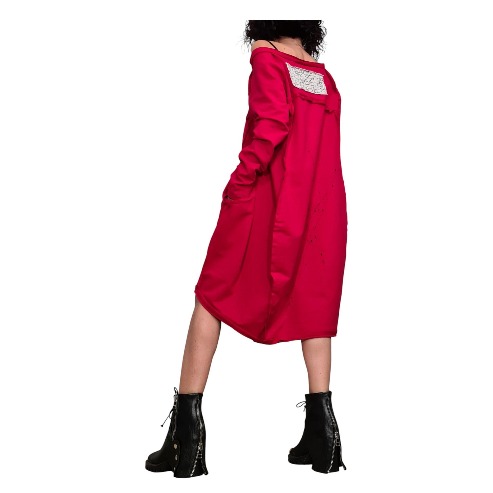 Red French Terry Off Shoulder Dress, Oversized Sweatshirt Tunic Dress for Women, Asymmetric Balloon
