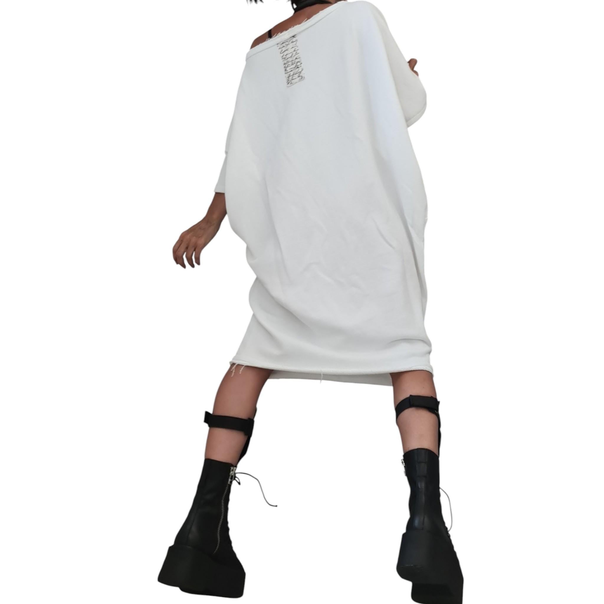 White Cotton Tunic Dress Knee Length | Asymmetric Blouson Cut | fashion for women | architectural