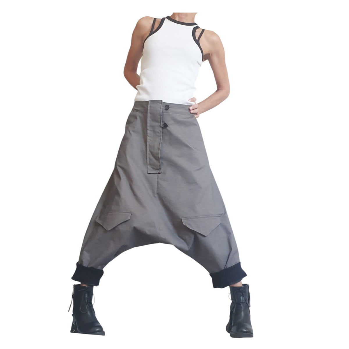 Grey Harem Pants, Drop Crotch, Cargo Flap Pockets, Tapered Ankle