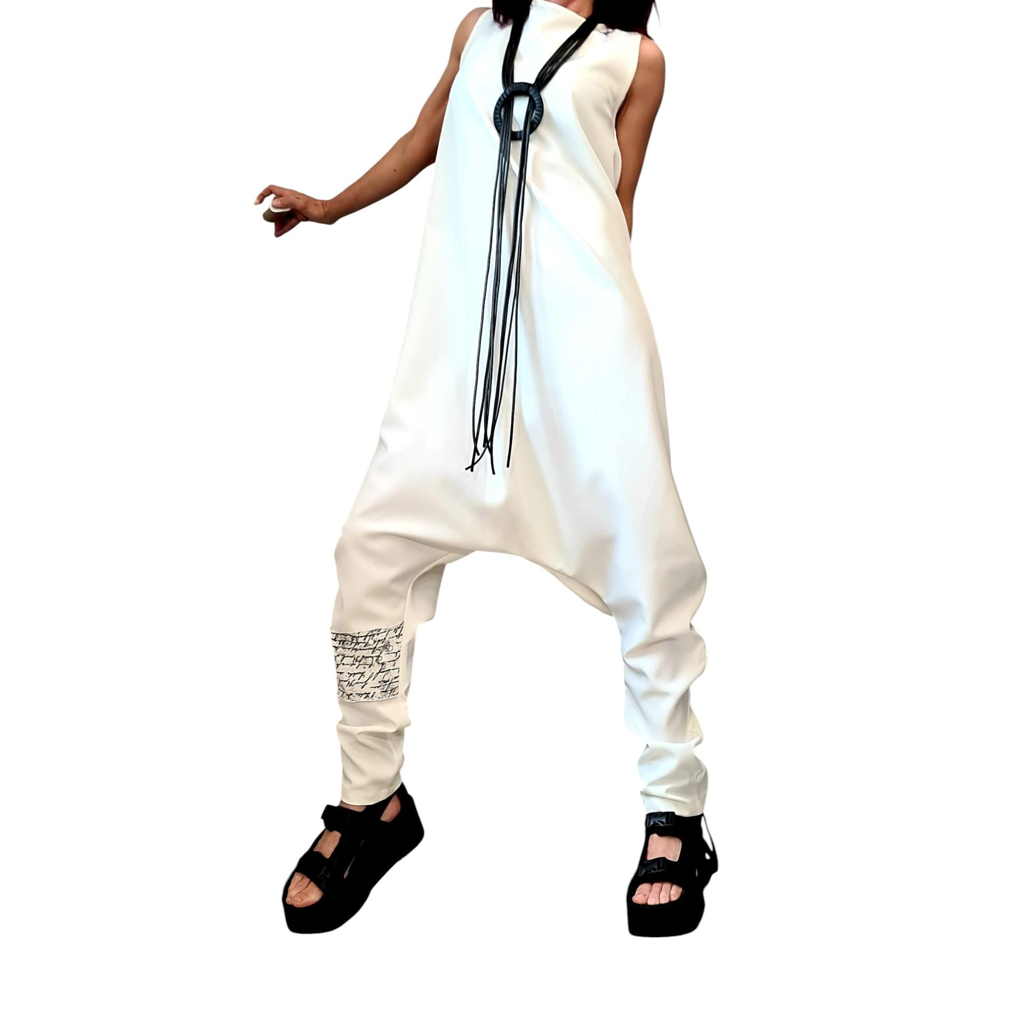 White Asymmetric Wide Leg Jumpsuit, Sleeveless Overall, Plus Size Clothing, Loose Fit Outfit