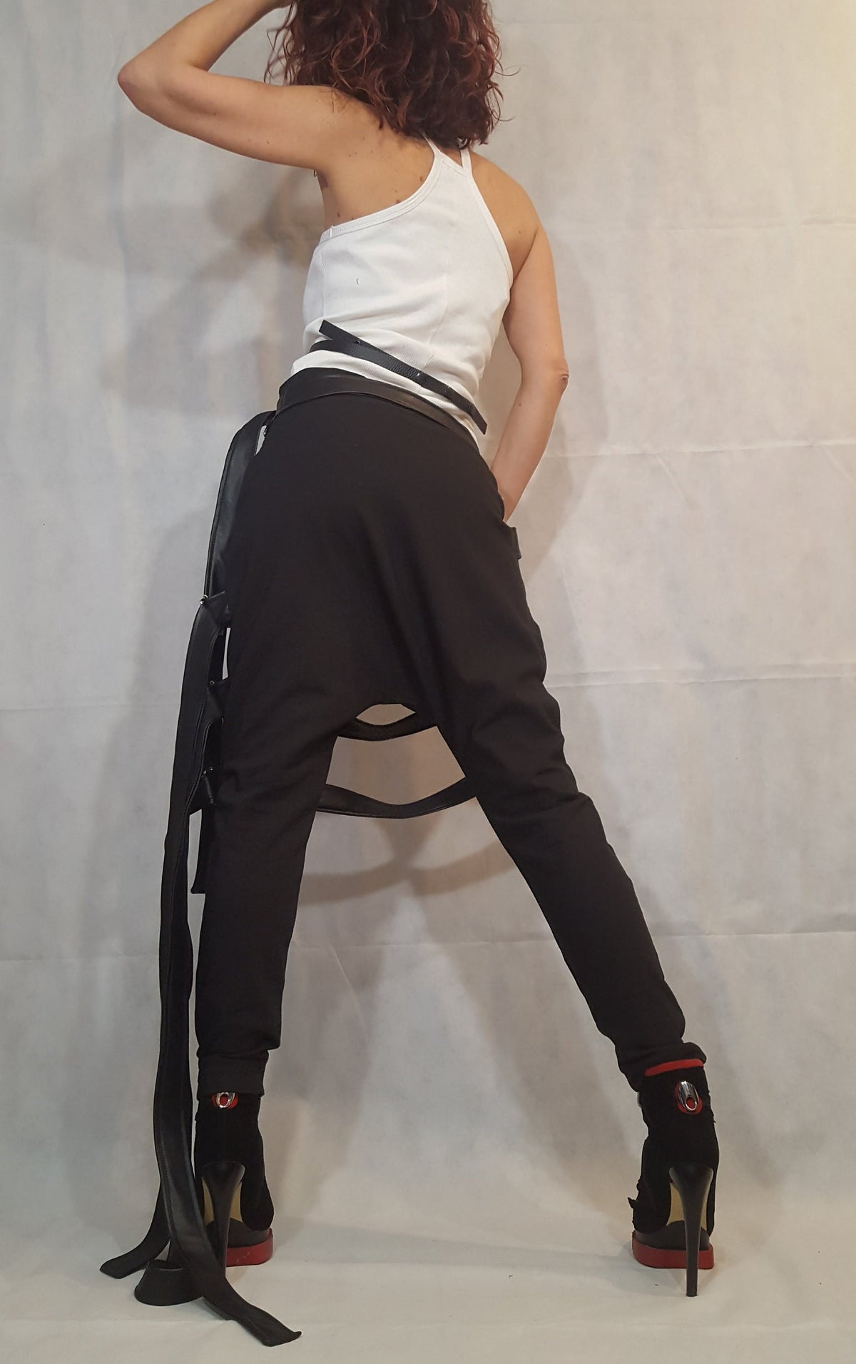 Black Drop Crotch Pants, Leather Belt Straps, Buckle Details, Slim Leg