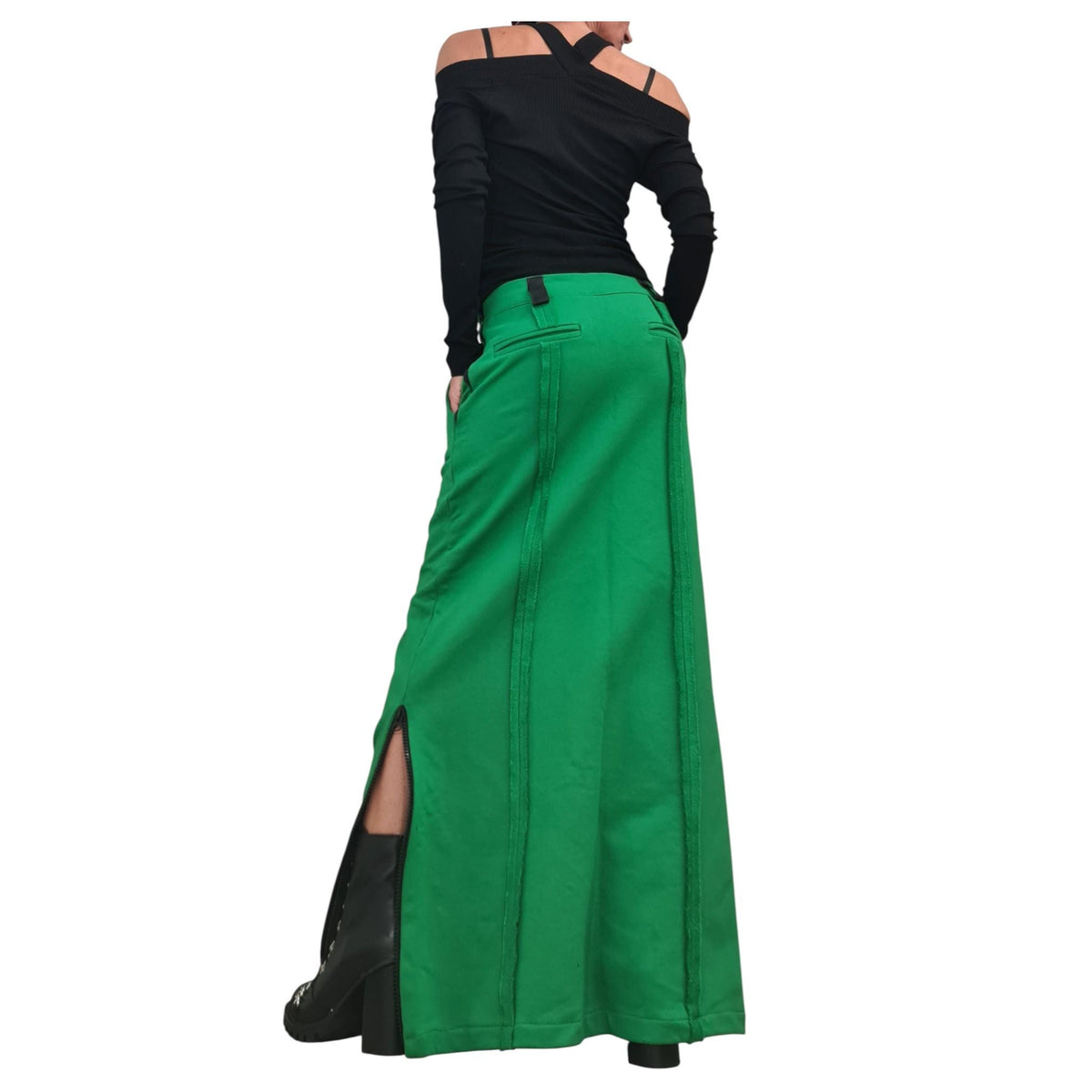 Green Long Slit Skirt, Cotton A Line Skirt, Avant Garde Style
