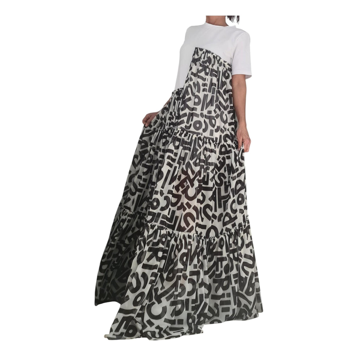 Black White Graphic Maxi Dress, Artistic Tiered T-Shirt, Handmade Summer Clothing