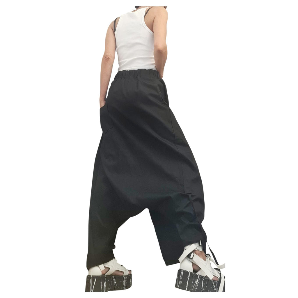 Black Deep Harem Pants, Draped Front, Adjustable Drawstring, Cotton Trousers