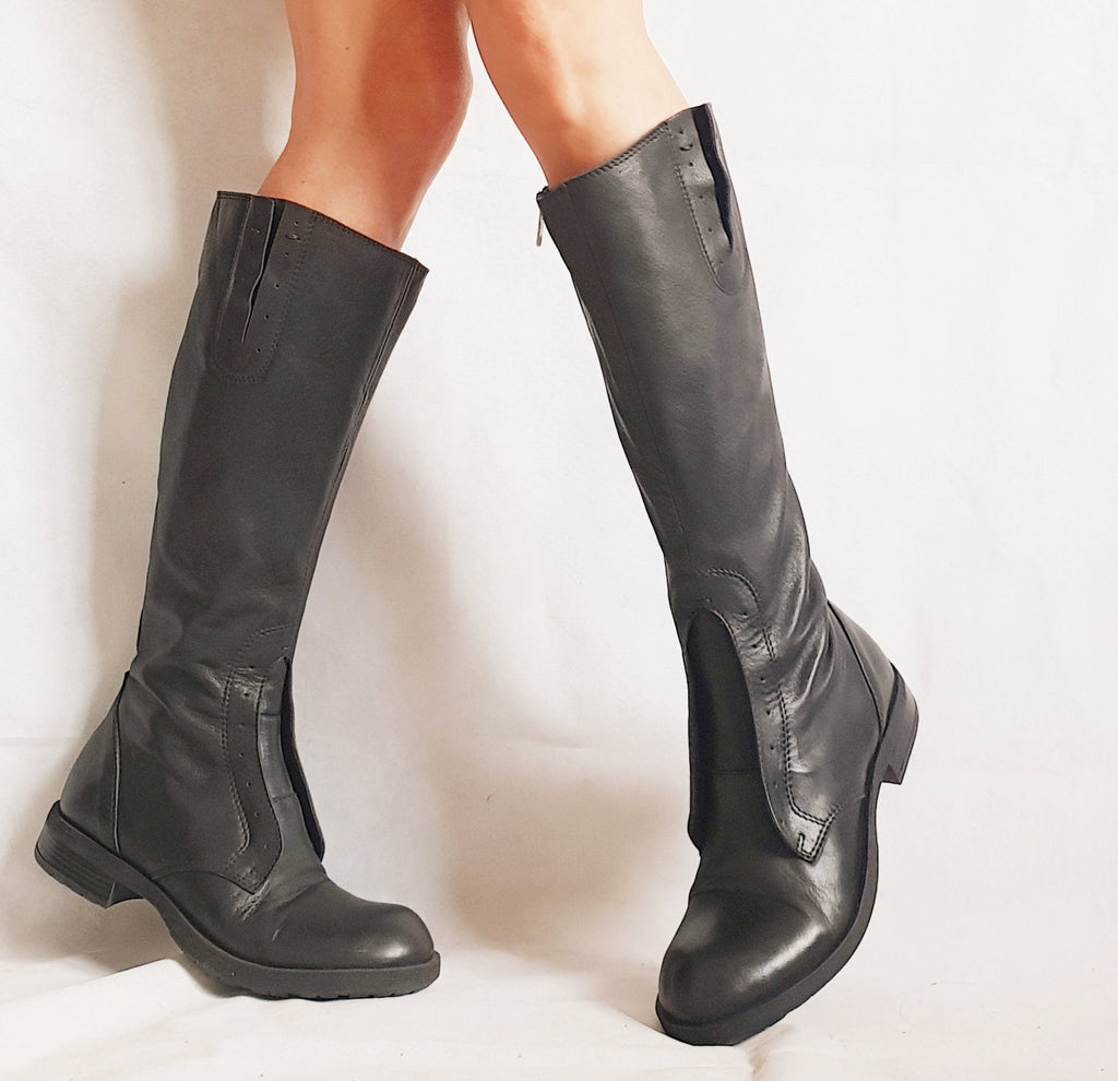 Black Leather Knee High Boots, Flat Gothic Combat Shoes, Minimal Women Winter Footwear