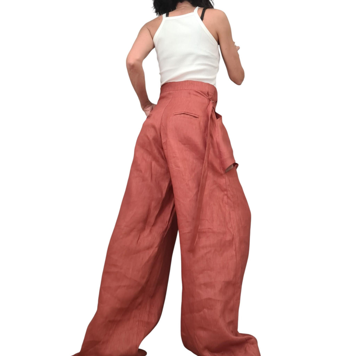 Brick Linen Wide Leg Pants for Women, Adjustable Waist, Asymmetric Slit Avant Garde Trousers