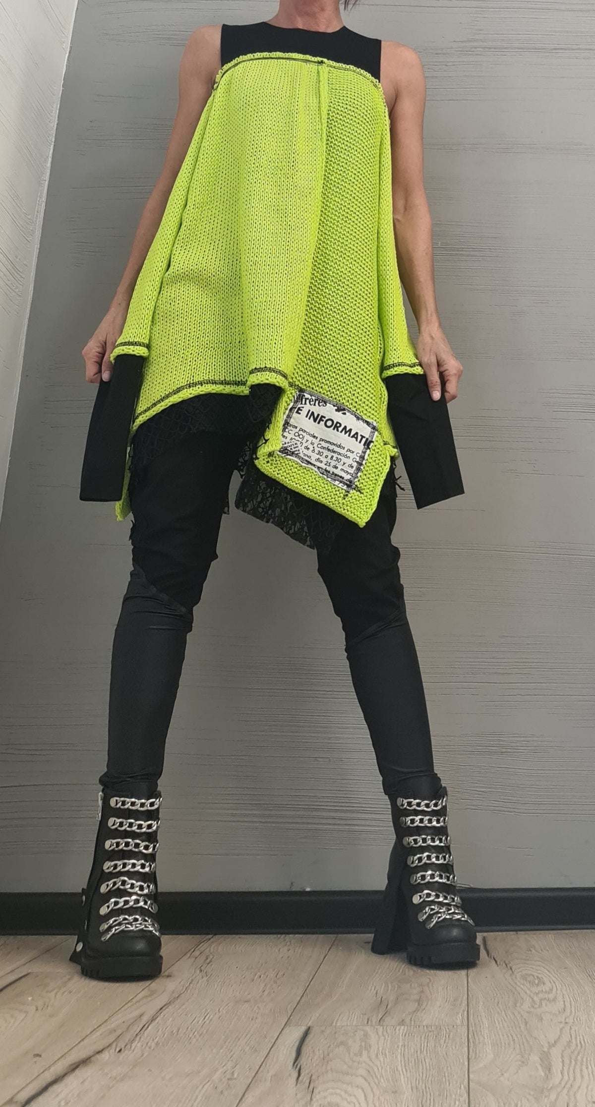 Lime Asymmetric Knitted Tunic, Open Shoulder Blouse, Plus Size Sweater