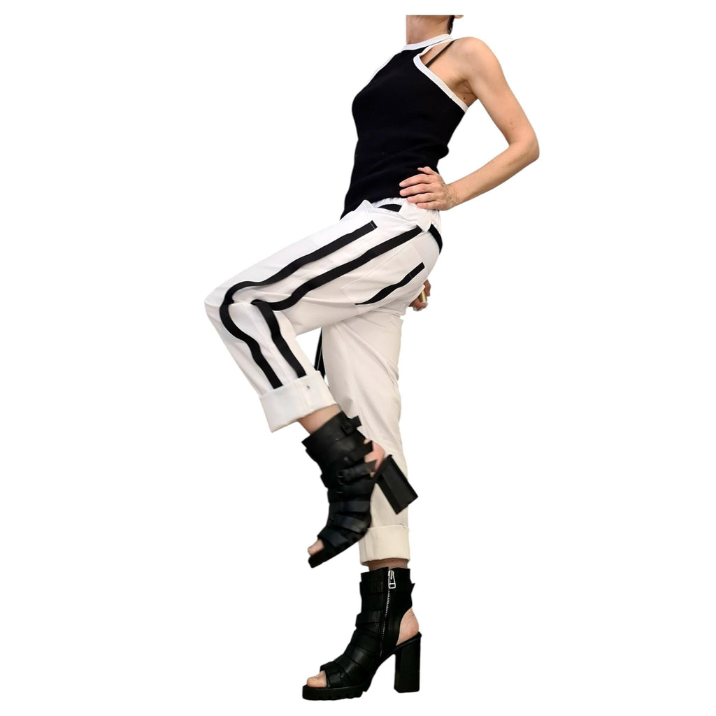 White Cotton Tapered Pants, Double Side Stripes, Drop Crotch