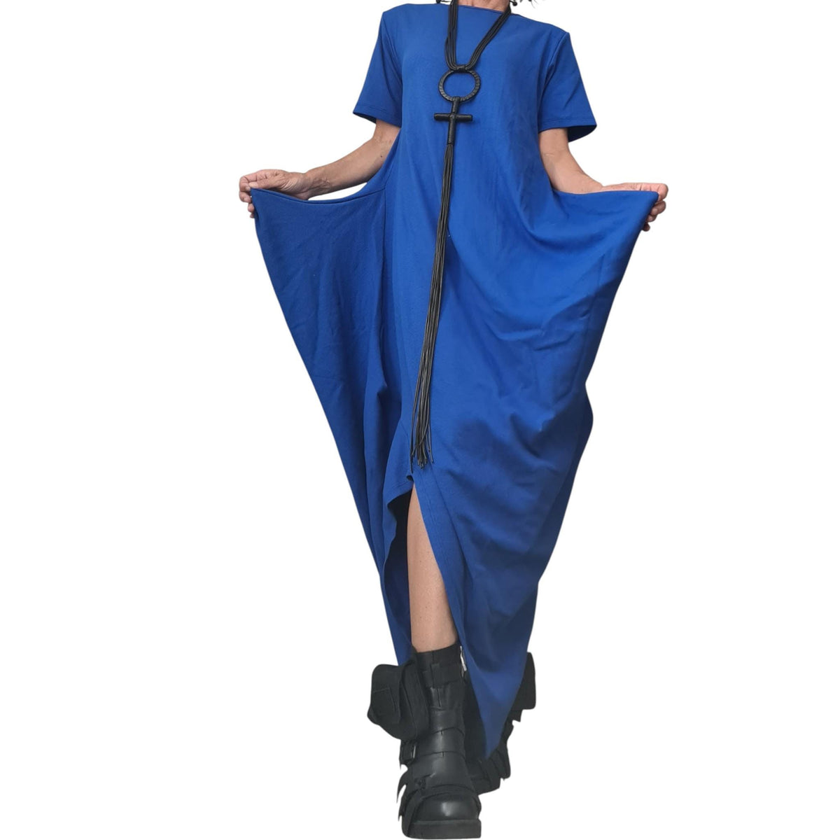 Royal Blue Cotton Rib Maxi Dress, Asymmetric Avant Garde Dress, Plus Size Kaftan