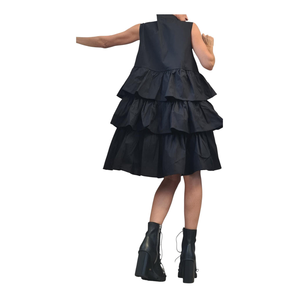 Black Gothic Midi Cotton Tunic, Flounce Party Dress Women